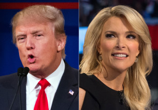 This combination photos shows Republican presidential candidate Donald Trump, left, and Fox News Channel host and moderator Megyn Kelly during the first Republican presidential debate at the Quicken Loans Arena in Cleveland on Aug 15, 2015. (AP)