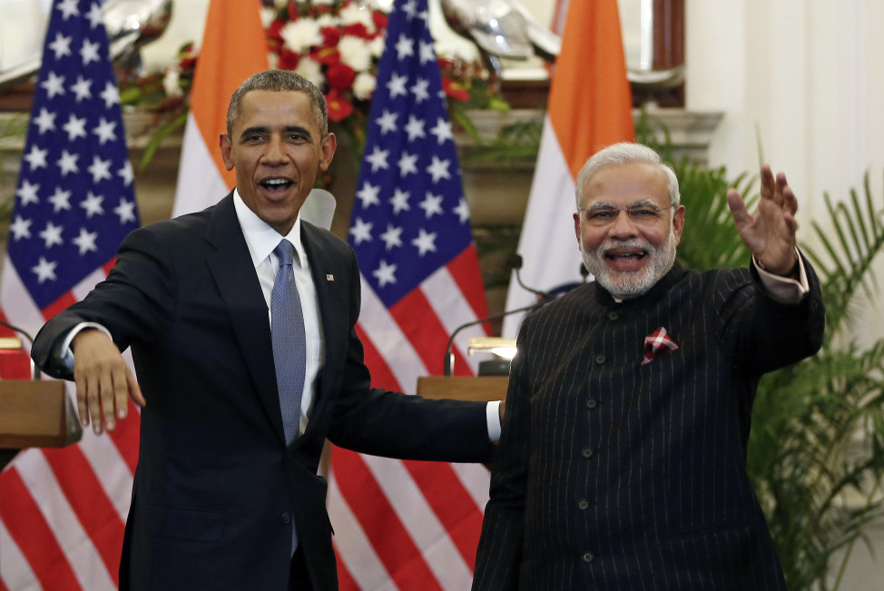 President Barack Obama stands next to Indian Prime Minister Narendra Modi as they leave after giving their opening statement in New Delhi on Jan. 25, 2015. Obama and Modi announced a breakthrough on nuclear trade that both sides hope will help establish an enduring strategic partnership. (Reuters)