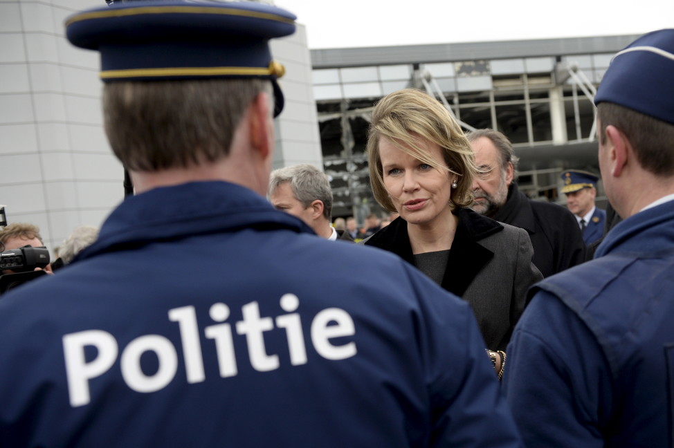 Belgian Queen Mathilde attends a ceremony outside the terminal at Brussels International airport on March 23, 2016. (Reuters)