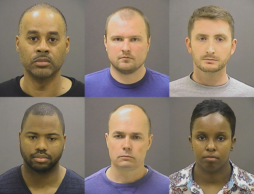 This May 1, 2015  photo, provided by the Baltimore Police Department, shows the six police officers charged with felonies ranging from assault to murder in the death of Freddie Gray. (AP)