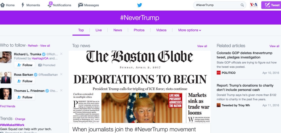 A screenshot of the #Never Trump Twitter feed on April 11, 2016 (VOA)
