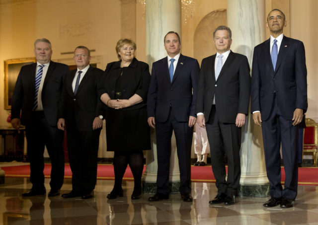 President Obama welcomes leaders from five Nordic nations to the White House for a summit. From left, Iceland Prime Minister Sigurdur Ingi Johannsson, Danish Prime Minister Lars Lokke Rasmussen, Norwegian Prime Minister Erna Solberg, Swedish Prime Minister Stefan Lofven, Finnish President Sauli Niinisto, and President Barack Obama. Friday, May 13, 2016. (AP)