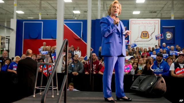 Democratic presidential candidate Hillary Clinton speaks at the Union of Carpenters and Millwrights Training Center during a campaign stop in Louisville, Ky., Sunday, May 15, 2016.