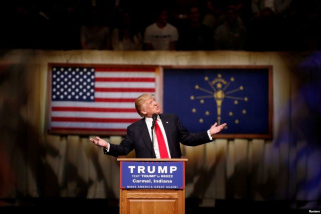 U.S. Republican presidential candidate Donald Trump speaks at a campaign event at The Palladium at the Center for Performing Arts in Carmel, Indiana, May 2, 2016. 