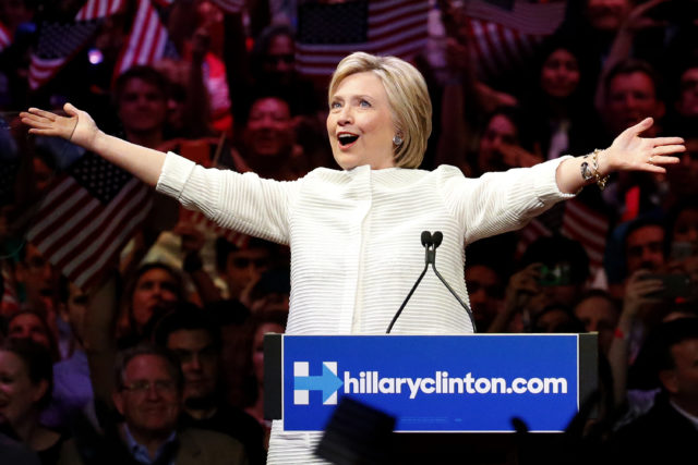 Democratic presumptive presidential nominee Hillary Clinton greets supporters at a primary election night rally, Tuesday, June 7, 2016, in New York. (AP)