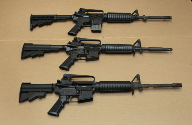 FILE -- In this Aug. 15, 2012 file photo, three variations of the AR-15 assault rifle are displayed at the California Department of Justice in Sacramento, Calif. While the guns look similar, the bottom version is illegal in California because of its quick reload capabilities. Omar Mateen used an AR-15 that he purchased legally when he killed 49 people in an Orlando nightclub over the weekend President Barack Obama and other gun control advocates have repeatedly called for reinstating a federal ban on semi-automatic assault weapons that expired in 2004, but have been thwarted by Republicans in Congress. (AP)