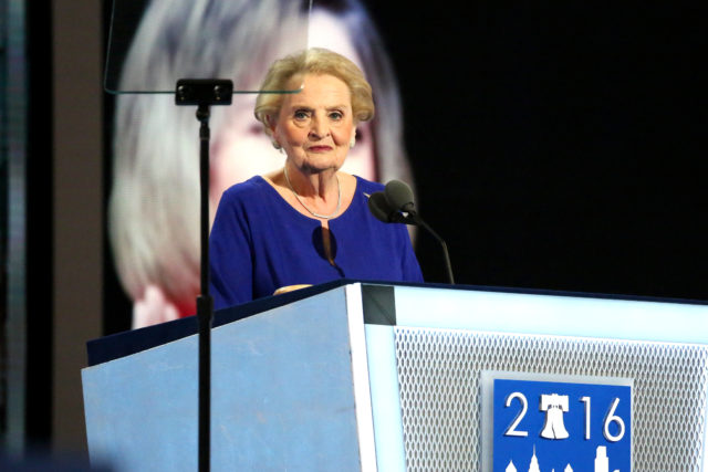 Former U.S. Secretary of State Madeleine Albright, the first woman to hold that post, addresses the crowd at the Wells Fargo Arena in Philadelphia on day two of the Democratic National Convention. Albright said Hillary Clinton "knows that safeguarding freedom and security is not like hosting a TV reality show.” July 26, 2016 (A. Shaker/VOA)