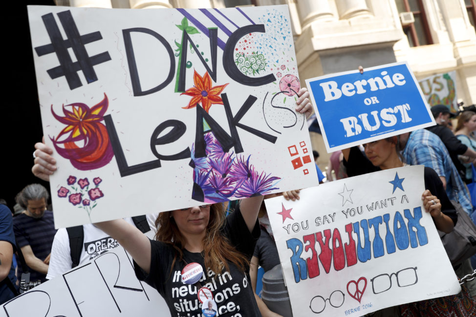 Demonstrators make their way around downtown, Monday, July 25, 2016, in Philadelphia, during the first day of the Democratic National Convention. On Sunday, Debbie Wasserman Schultz, D-Fla., announced she would step down as DNC chairwoman at the end of the party's convention, after some of the 19,000 emails, presumably stolen from the DNC by hackers, were posted to the website Wikileaks. (AP)