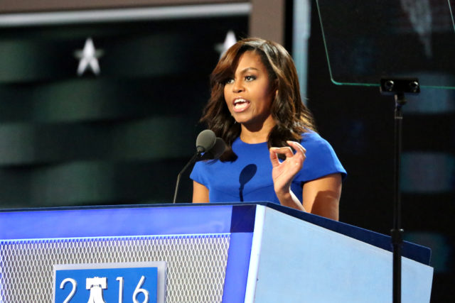Among the opening night speakers was First Lady Michelle Obama, who urged Democrats to support Hillary Clinton at the Democratic National Convention in Philadelphia (A. Shaker/VOA)