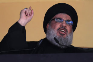 Hezbollah leader Sheik Hassan Nasrallah speaks on the holy day of Ashoura in a suburb of Beirut, Lebanon on Oct. 24, 2015. (AP)