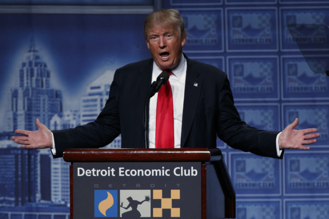 Republican presidential candidate Donald Trump delivers an economic policy speech to the Detroit Economic Club, Monday, Aug. 8, 2016, in Detroit. (AP)