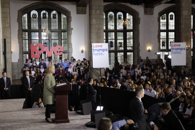 Democratic presidential candidate Hillary Clinton speaks during a campaign stop at Temple University in Philadelphia, Sept. 19, 2016. (AP)