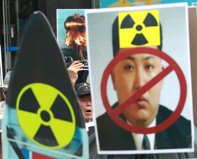 A South Korean protester shouts slogans during a rally denouncing North Korea's latest nuclear test in Seoul, South Korea, Saturday, Sept. 10, 2016. The U.N. Security Council is strongly condemning North Korea's latest nuclear test and says it will start discussions on "significant measures" against Pyongyang including new sanctions. (AP)