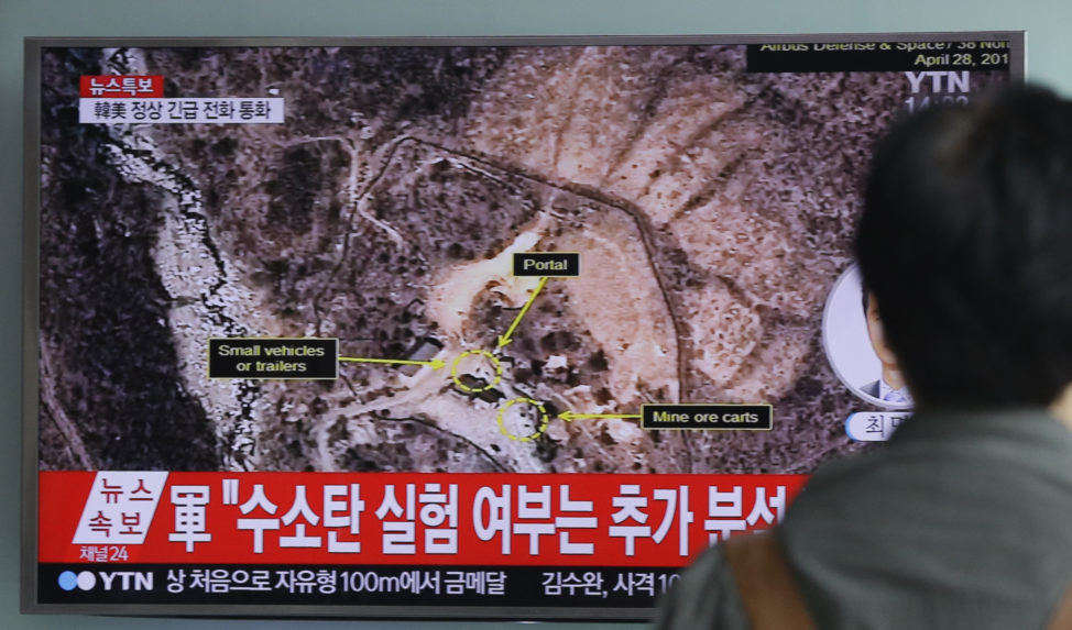 A man watches a TV news program reporting North Korea's nuclear test at Seoul Railway Station in Seoul, South Korea, Friday, Sept. 9, 2016. North Korea said Friday it conducted a "higher level" nuclear warhead test explosion, which it trumpeted as finally allowing it to build "at will" an array of stronger, smaller and lighter nuclear weapons. It is Pyongyang's fifth atomic test and the second in eight months. The letters on the screen read: "Hydrogen bomb test." (AP) 