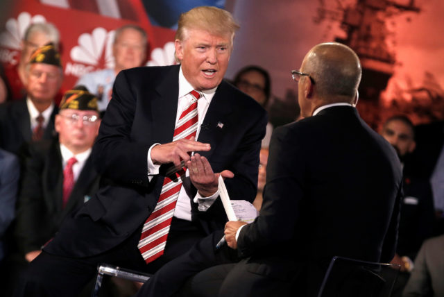 Republican presidential nominee Donald Trump speaks to Matt Lauer during the Commander in Chief Forum in Manhattan, New York, U.S., September 7, 2016. REUTERS/Mike Segar - RTX2OL4I