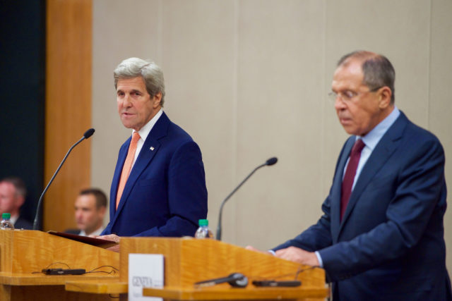 U.S. Secretary of State John Kerry speaks as he and Russian Foreign Minister Sergey Lavrov address reporters during a joint news conference following a bilateral meeting focused on Syria held August 26, 2016, at the President Wilson Hotel in Geneva, Switzerland. (State Department Photo) 