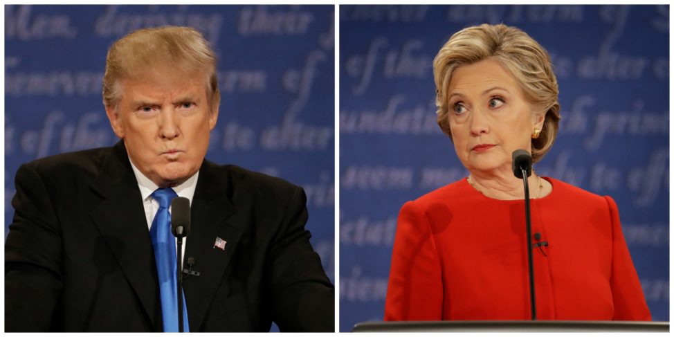 The first presidential debate between Republican nominee Donald Trump, left, and Democratic nominee Hillary Clinton, was held at Hofstra University in Hempstead, N.Y., Sept. 26, 2016.