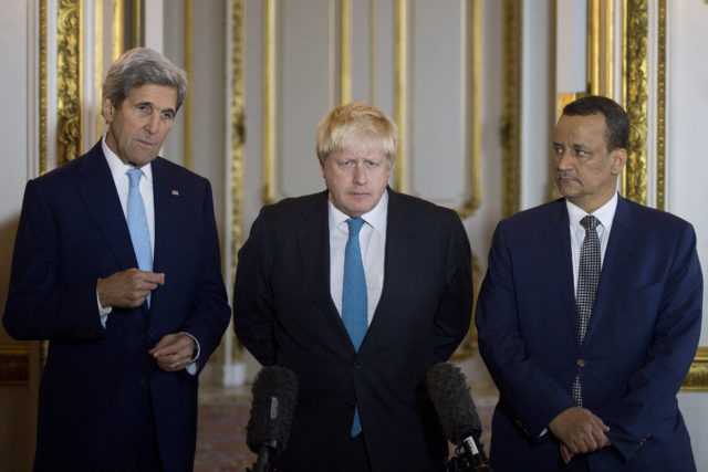 Making a joint statement on Yemen, with left - right, US Secretary of State John Kerry, British Foreign Secretary Boris Johnson and UN Special Envoy for Yemen Ismail Ould Cheikh Ahmed, at Lancaster House in London Sunday Oct. 16, 2016.  The U.S. and Britain expressed hope on Sunday that a cease-fire can be reached in Yemen in the coming days, as a flurry of diplomacy focused on the impoverished, war-torn country. (AP)   