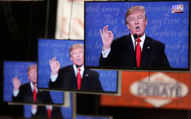 Republican U.S. presidential nominee Donald Trump is shown on TV monitors in the media filing room on the campus of University of Nevada, Las Vegas, during the last 2016 U.S. presidential debate in Las Vegas, U.S., October 19, 2016. (Reuters) 