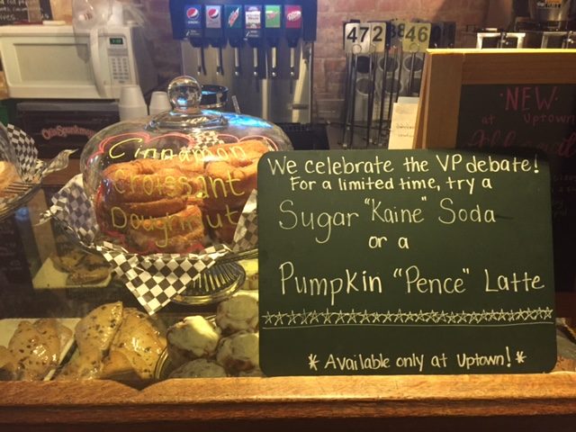 Sign in coffee shop promoting the vice presidential debate in Farmviille, VA. Democrat Tim Kaine and Republican Mike Pence face-off Oct. 4, 2016 (VOA-Katherine Gypson) 