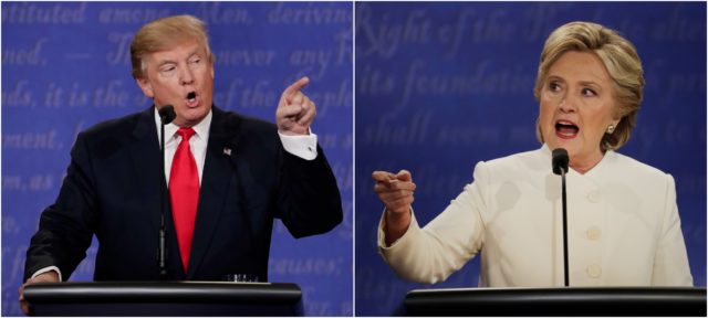 Republican presidential nominee Donald Trump and Democratic presidential nominee Hillary Clinton speak during the third presidential debate at UNLV in Las Vegas, Oct. 19, 2016. (AP)