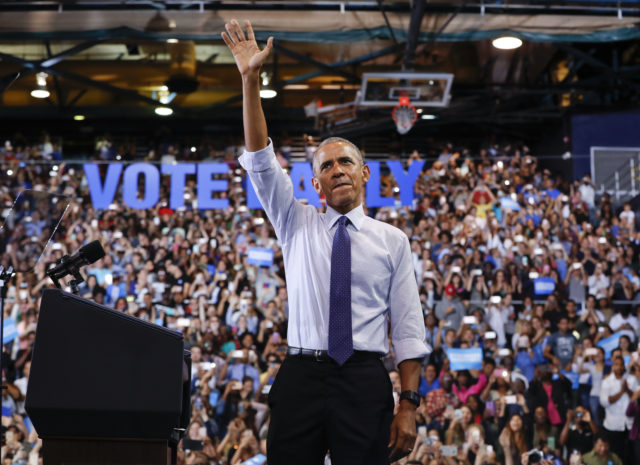 President Barack Obama waves to supporters at Florida International University in Miami, Nov. 3, 2016, during a campaign rally for Democratic presidential candidate Hillary Clinton. (AP)