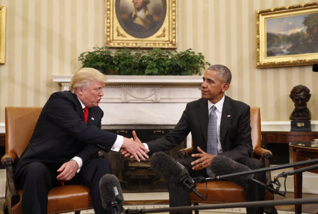 President Barack Obama shakes hands with President-elect Donald Trump in the Oval Office of the White House in Washington, Nov. 10, 2016. (AP)