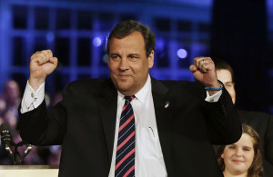 New Jersey Governor Chris Christie celebrates his re-election after he defeated a Democratic challenger in a heavily Democratic state. (AP Images)